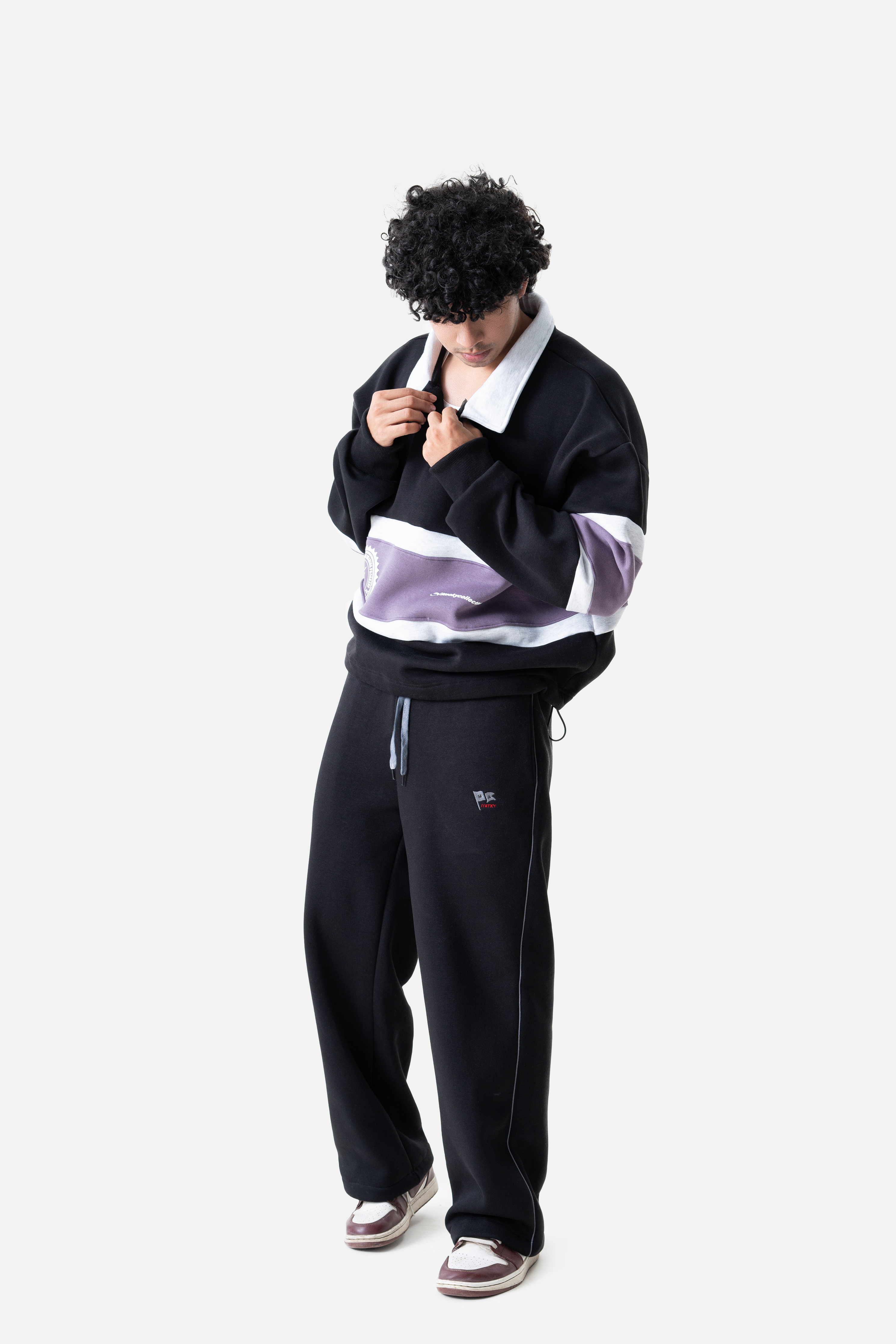 Striped Polo sweatshirt- Black/plum