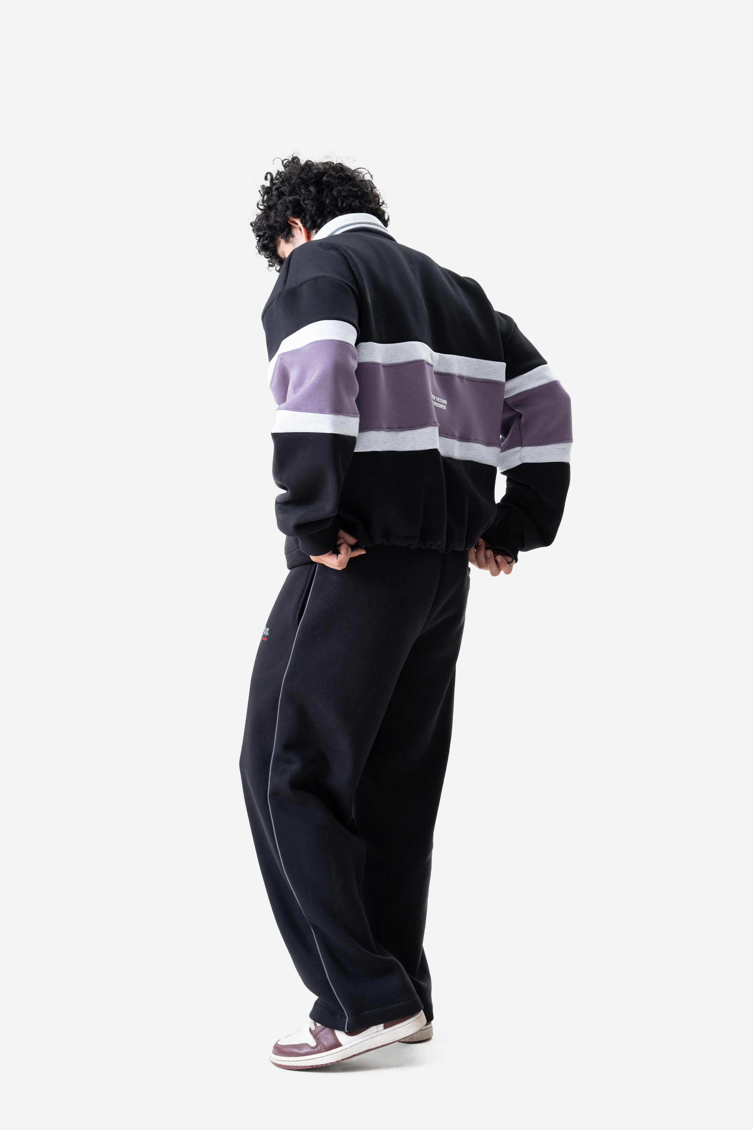 Striped Polo sweatshirt- Black/plum