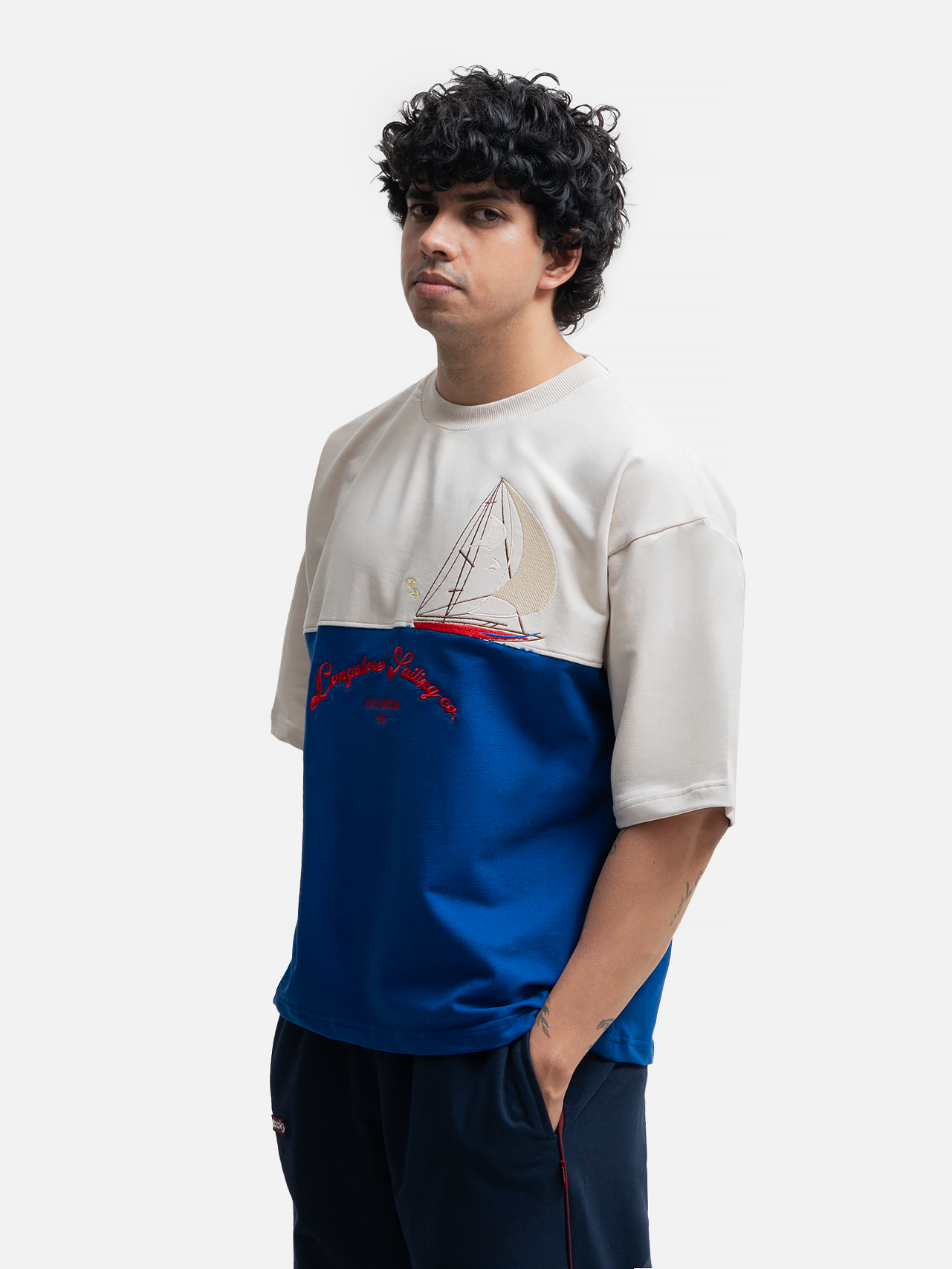 Horizon Split Panelled T-Shirt - Cobalt/Bone